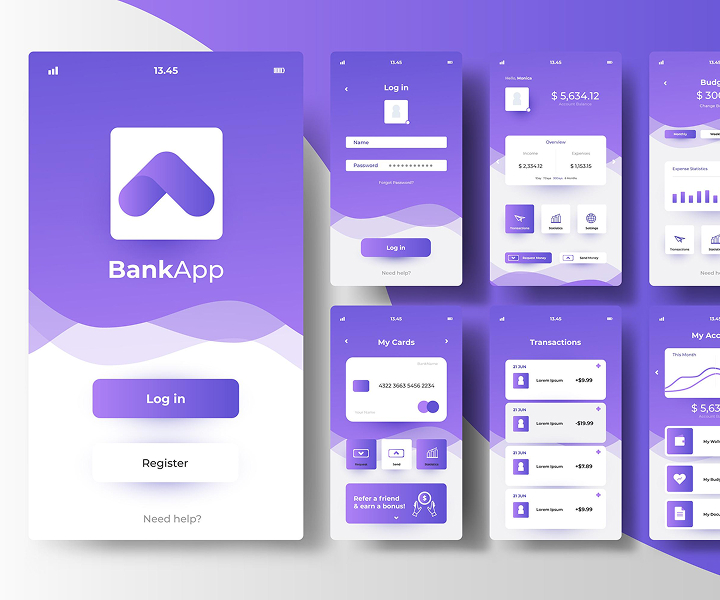 Mobile banking app UI screens in purple gradient style