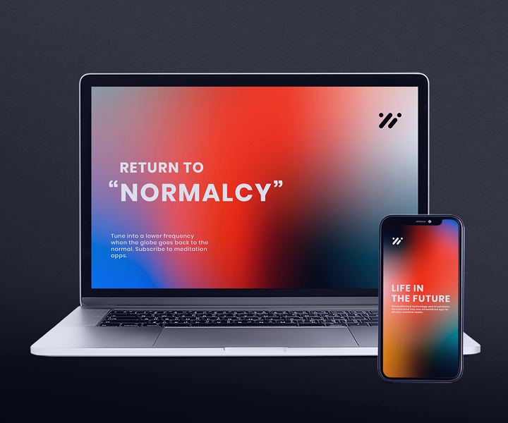 Laptop and smartphone displaying colorful gradient screens with promotional text for a meditation app