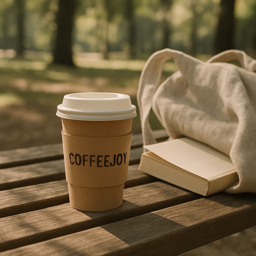 Takeaway coffee cup on a bench