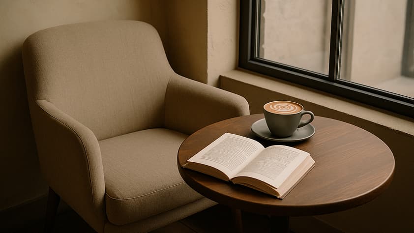 Open book and coffee by the window