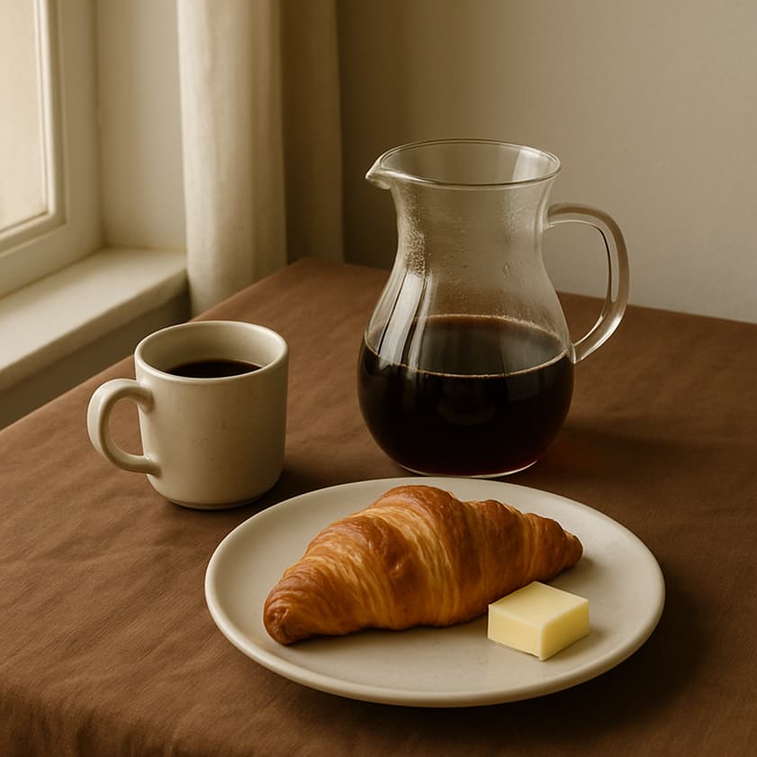 Coffee and croissant on a table