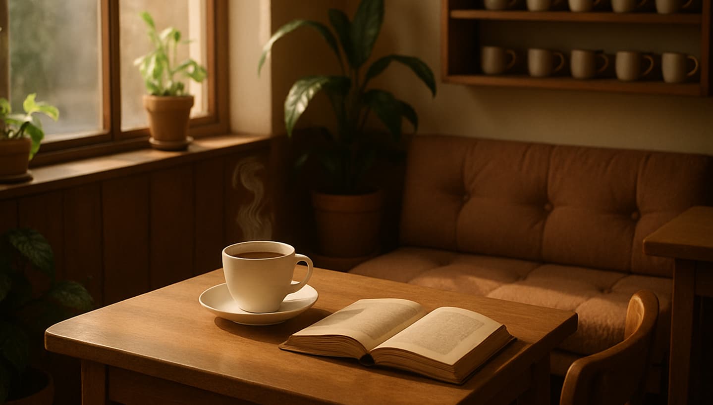 A cup of coffee and an open book on a wooden table